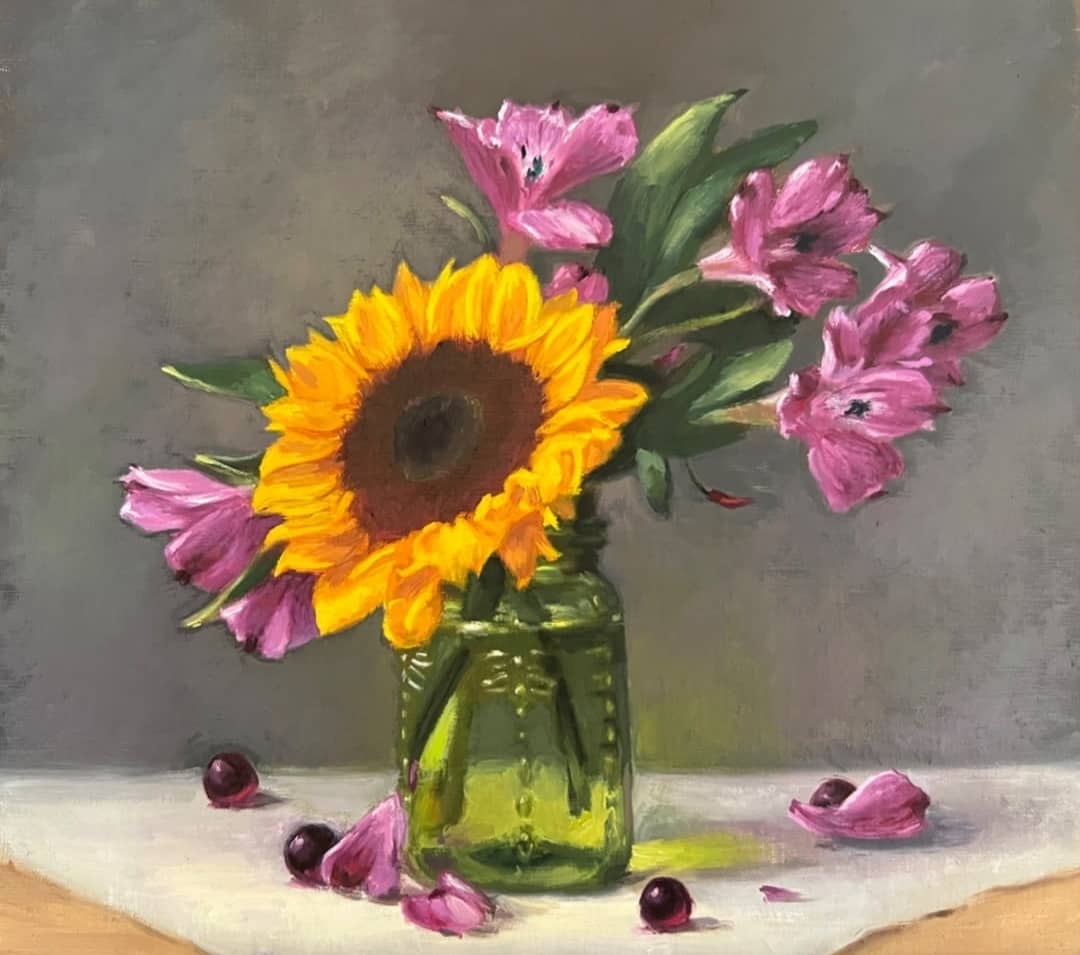 Still life painting of flowers in a jar